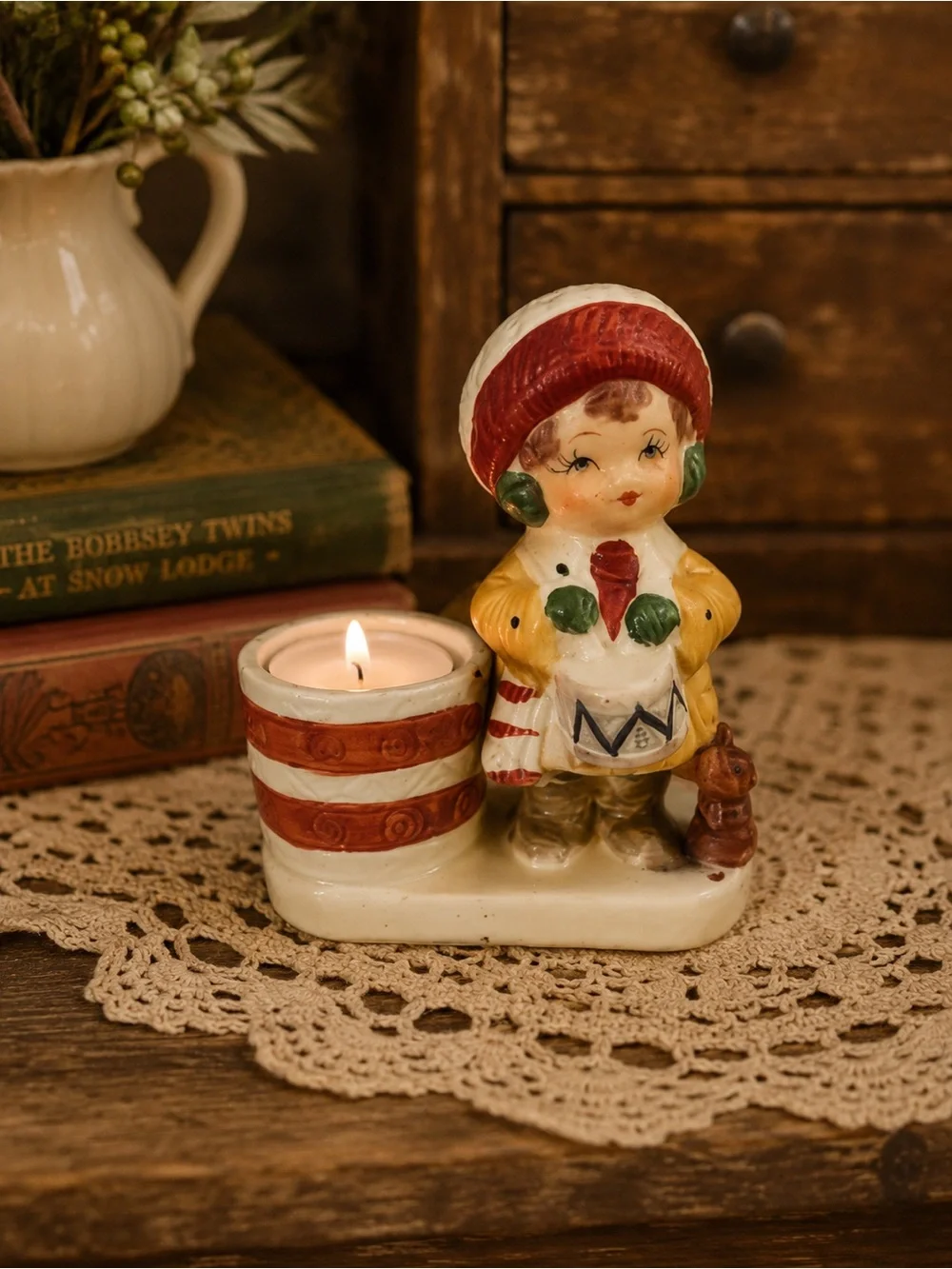 Vintage Christmas Girl Candle Holder Figurine Drum Squirrel Retro Cottagecore